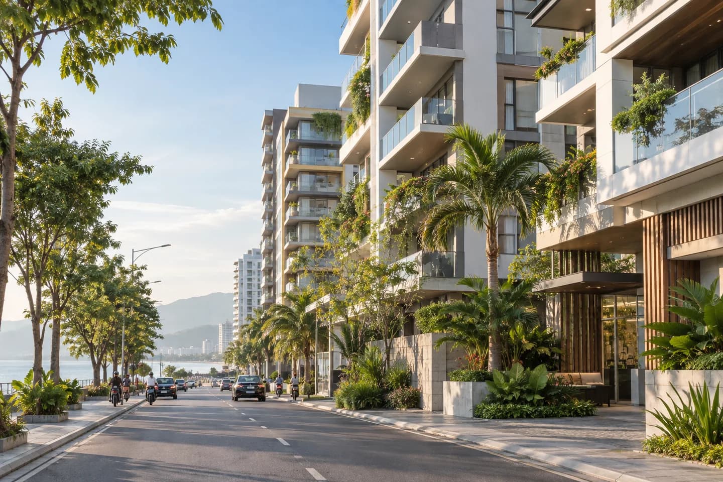 Illustrative residential buildings beside a coastal garden