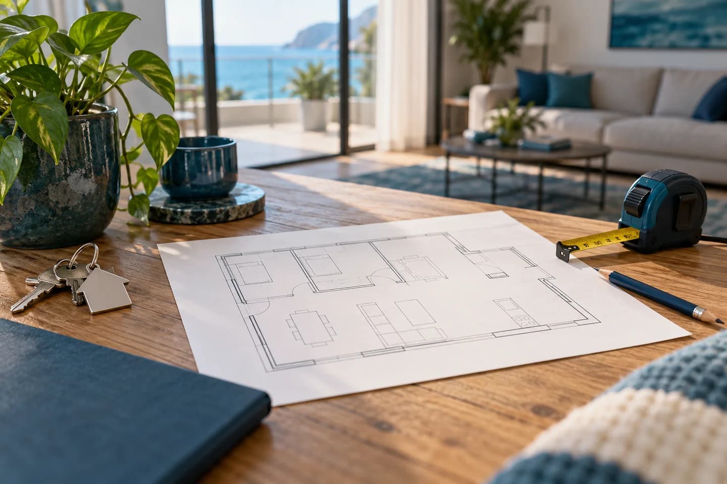 Illustrative floor-plan sketch, measuring tape and keys