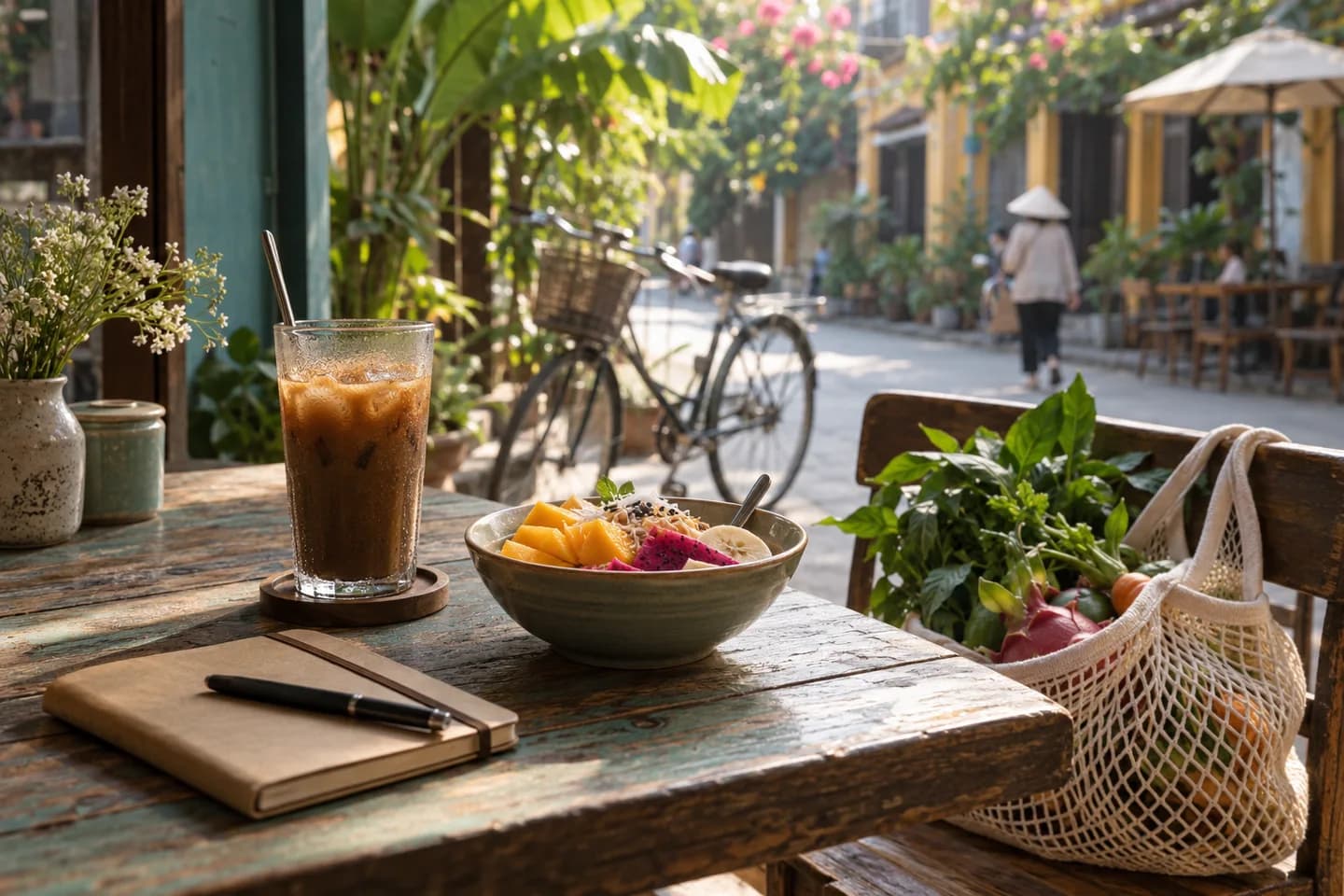 Illustrative café scene with coffee, fresh produce and a bicycle