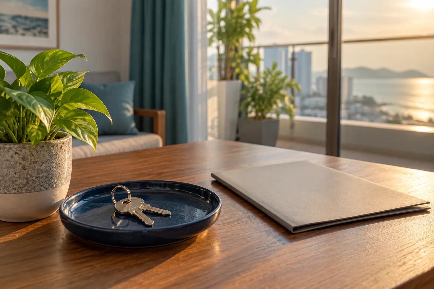 Illustrative keys and a blank document folder on a wooden table
