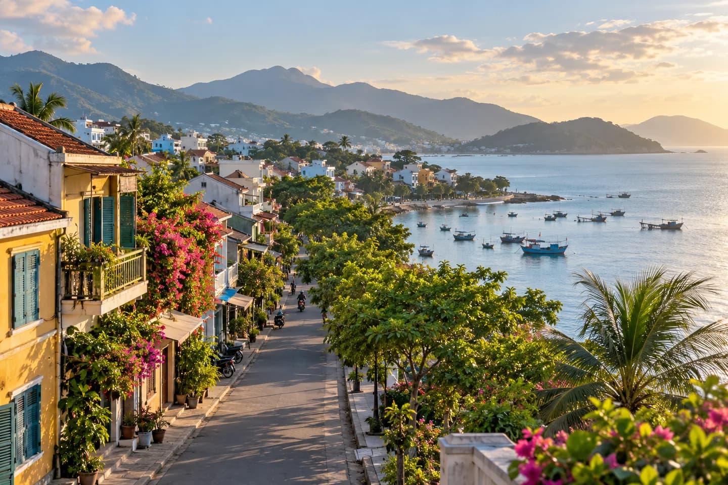 Illustrative coastal neighborhood with colorful buildings, a bay and green hills