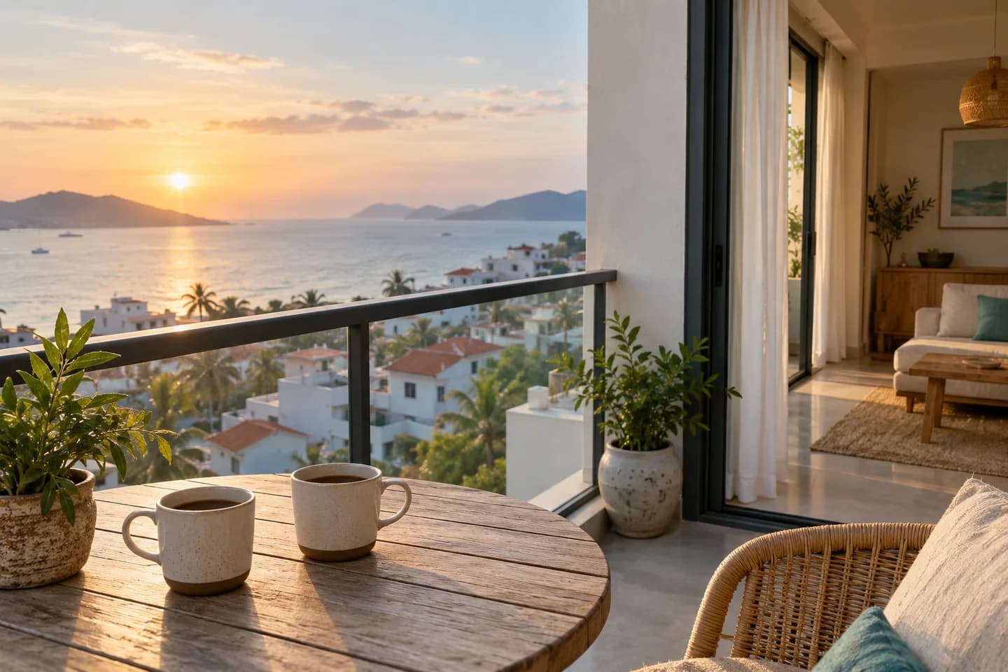 Illustrative balcony with two coffee cups overlooking the coast