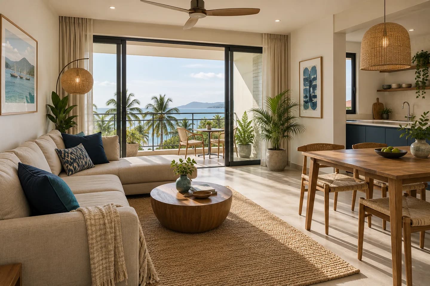 Illustrative bright coastal apartment with a balcony