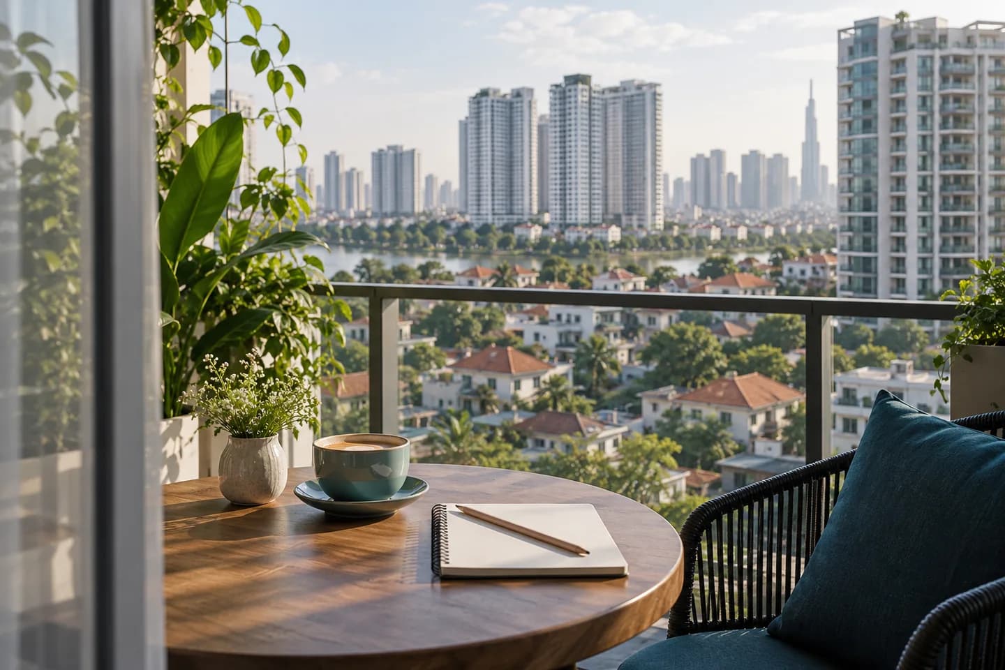 Illustrative apartment balcony overlooking residential buildings
