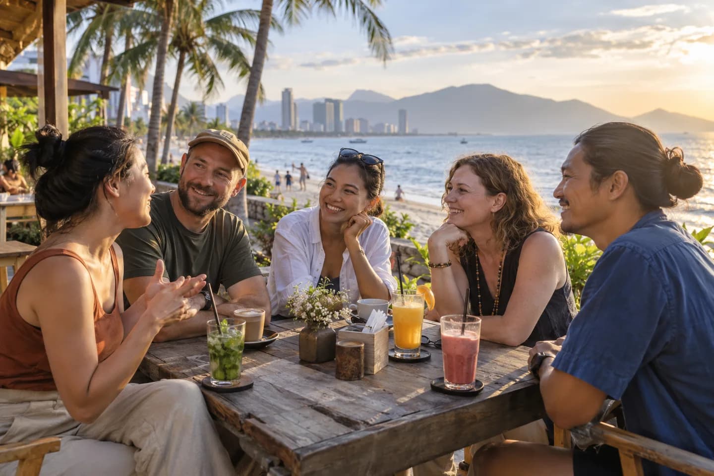 AI illustration of adults chatting at a coastal café; not an actual tour